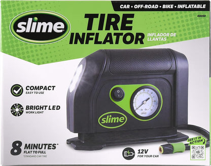 Slime 40050 Tire Inflator, Portable Car Air Compressor, with Analog 100 psi Dial Gauge, Long Hose and LED Light, 12V, 8 min Inflation