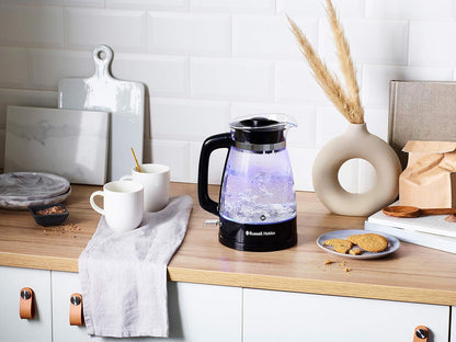 Russell Hobbs Kettle Glass [1.7 L, 2400 W, Optimised Design Spout Made of Glass, LED Lighting] Classic Design (Quick Boil Function, Removable Lid, Limescale Filter, Stainless Steel Base)