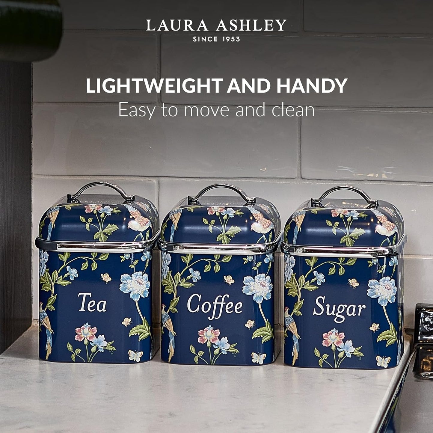 VQ Laura Ashley Tea Coffee and Sugar Canisters Set of 3 Stainless Steel Tea Sugar and Coffee Containers Set
