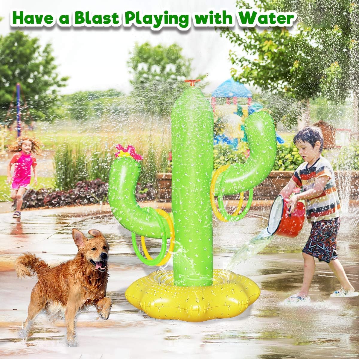 Boogem Sprinkler for Kids, Inflatable Cactus Water Toys for Boys Girls, Summer Outdoor Game with 4 Rings, Backyard Water Sprinkler Spray Toy Fun Gifts for Children Ages 3 4 5 6 Years and Up