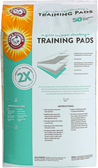 Arm & Hammer Green Tea Pet Training Pads | 50-Ct Dog Training Pads with Super Absorbing Green Tea Baking Soda for 2X The Odor Control | Leakproof & Recycled Training Pads for Dogs,White