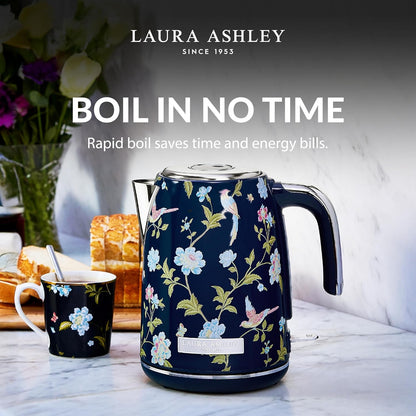 Laura Ashley Elveden Navy 1.7 Litre Stainless Steel Electric Kettle - 3KW Kettles Electric Fast Boil Quiet - Cordless Kettle with 360 Degree Power Base