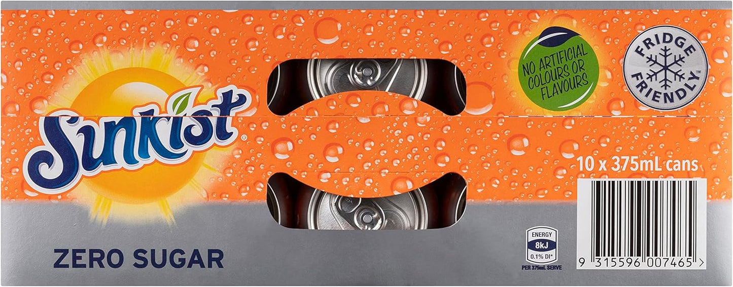 Sunkist Zero Sugar Soft Drink Can 375 ml (Pack of 10)