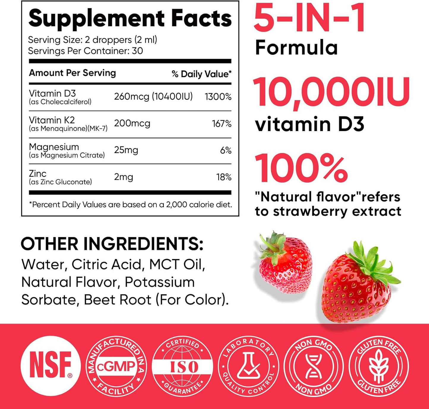 Venture Pal 5-in-1 Vitamin D3 10000 IU & K2 as MK-7 200mcg with Magnesium, MCT Oil, Zinc, Sugar-Free