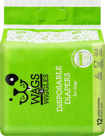 Wags & Wiggles Female Dog Diapers | Doggie Diapers for Female Dogs | Large Dog Diapers, 18"-23" Waist - 12 Pack | Disposable Dog Diapers for Female Dogs