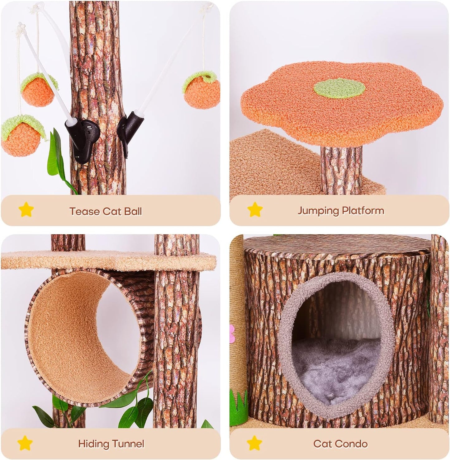 Lucky Monet 61" Cat Tree for Indoor Cats, Creative Tree-Like Cat Tower with Leaves, Unique Cat Climbing Frame with Scratching Post, Condo, Flower Platform