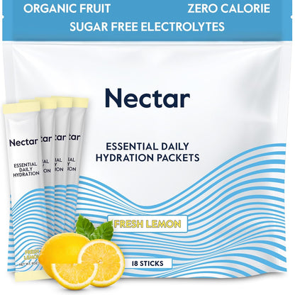 Nectar Hydration Packets - Electrolytes Powder Packets - No Sugar or Calories - Organic Fruit Liquid Daily IV Hydrate Packets for Dehydration Relief and Rapid Rehydration (Lemon 18 Pack)