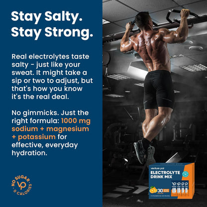 Venture Pal High Sodium Sugar Free Electrolytes Powder Packet - Hydration Packets with Vitamin, Sodium & Potassium | Zero Calories - 30 Sticks