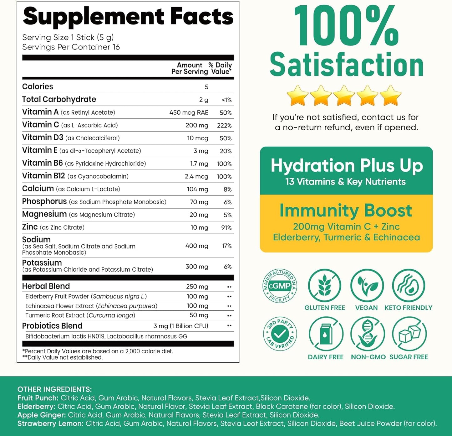 Venture Pal 2-in-1 Hydration + Immune Electrolytes Powder Packets with 7 Electrolytes & 6 Vitamins, Keto Friendly, 16 Sticks