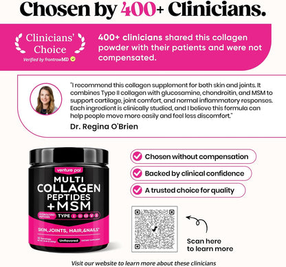 Venture Pal Multi Collagen Powder Type I, II, III, V, X – Hydrolyzed Collagen Peptides MSM, GC, Hyaluronic Acid Vitamin C | Collagen Supplement for Women | Joint, Hair, Skin & Nail Support | Non-GMO