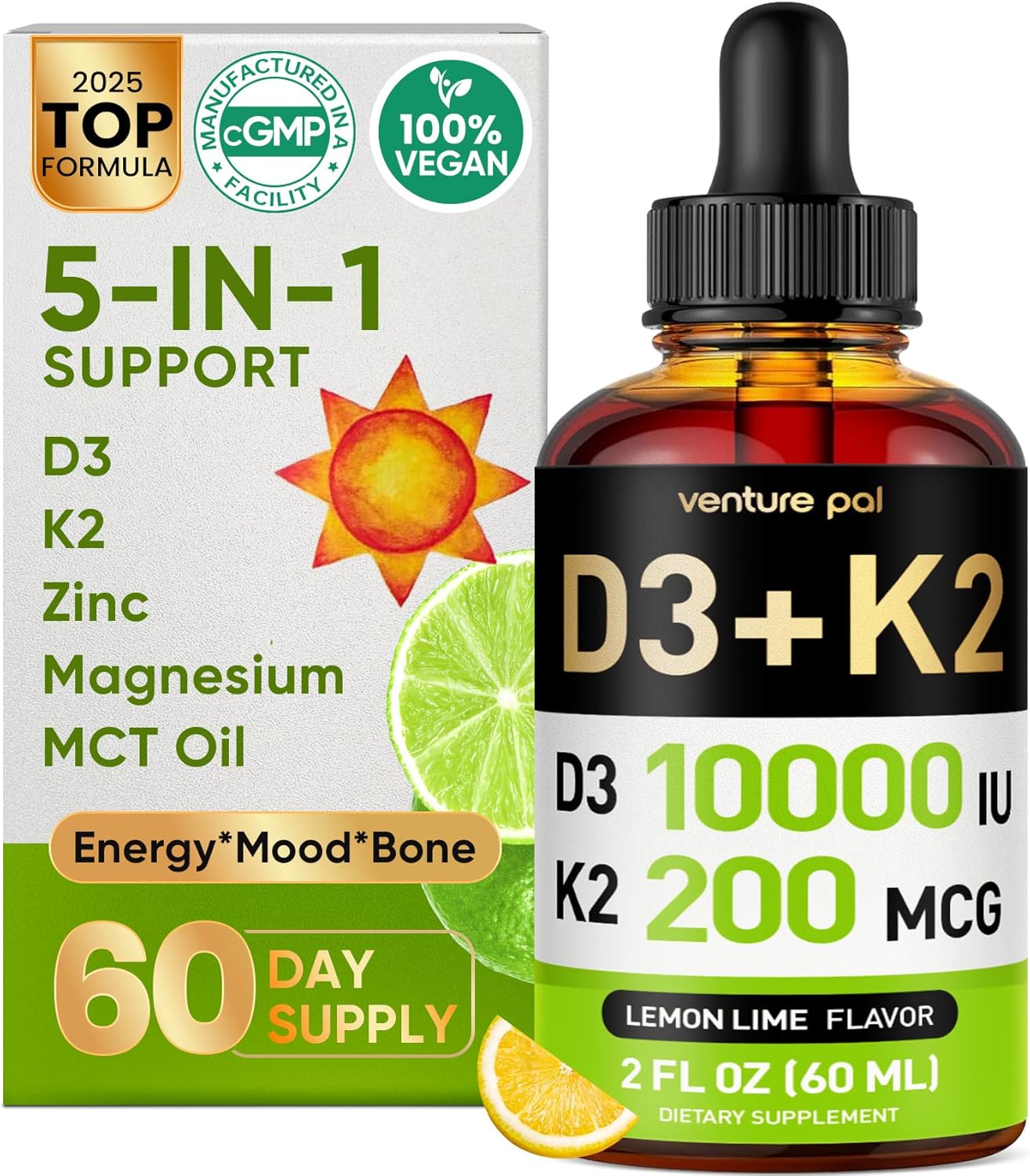 Venture Pal 5-in-1 Vitamin D3 10000 IU & K2 as MK-7 200mcg with Magnesium, MCT Oil, Zinc, Sugar-Free