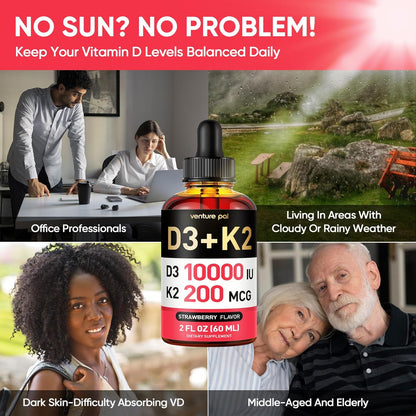 Venture Pal 5-in-1 Vitamin D3 10000 IU & K2 as MK-7 200mcg with Magnesium, MCT Oil, Zinc, Sugar-Free