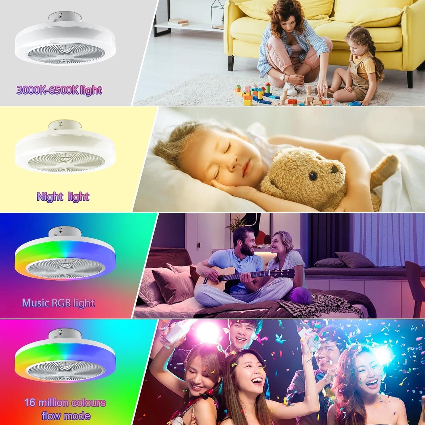 30W 50cm LED Ceiling Light with Fan,RGB Super Bright Lights，Bluetooth Music Speaker,Remote Control and APP,Adjustable Wind Speed and Light,3000k-6500k,Modern Ceiling Light for Bedroom,Living Room