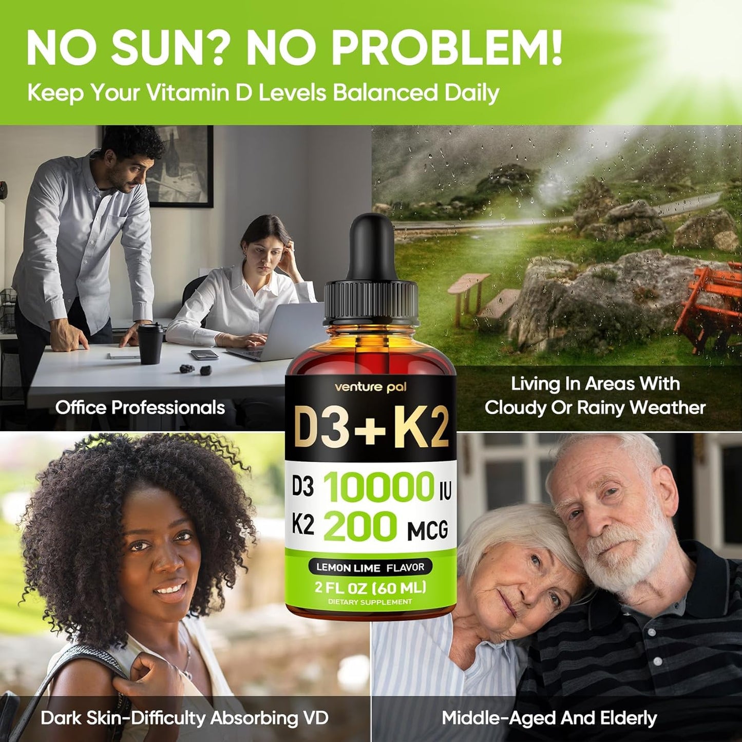 Venture Pal 5-in-1 Vitamin D3 10000 IU & K2 as MK-7 200mcg with Magnesium, MCT Oil, Zinc, Sugar-Free