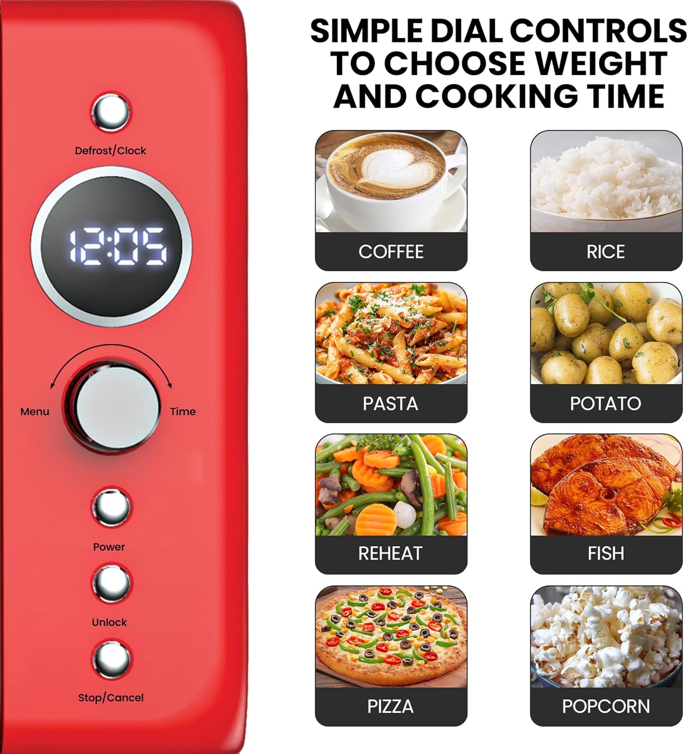Total Chef Microwave Oven 20L Retro 700W Mini Ovens Digital LED Display 8 Preset Modes 5 Cooking Power Levels 60 Min