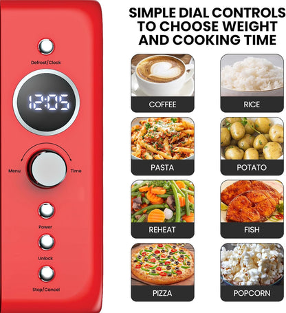 Total Chef Microwave Oven 20L Retro 700W Mini Ovens Digital LED Display 8 Preset Modes 5 Cooking Power Levels 60 Min