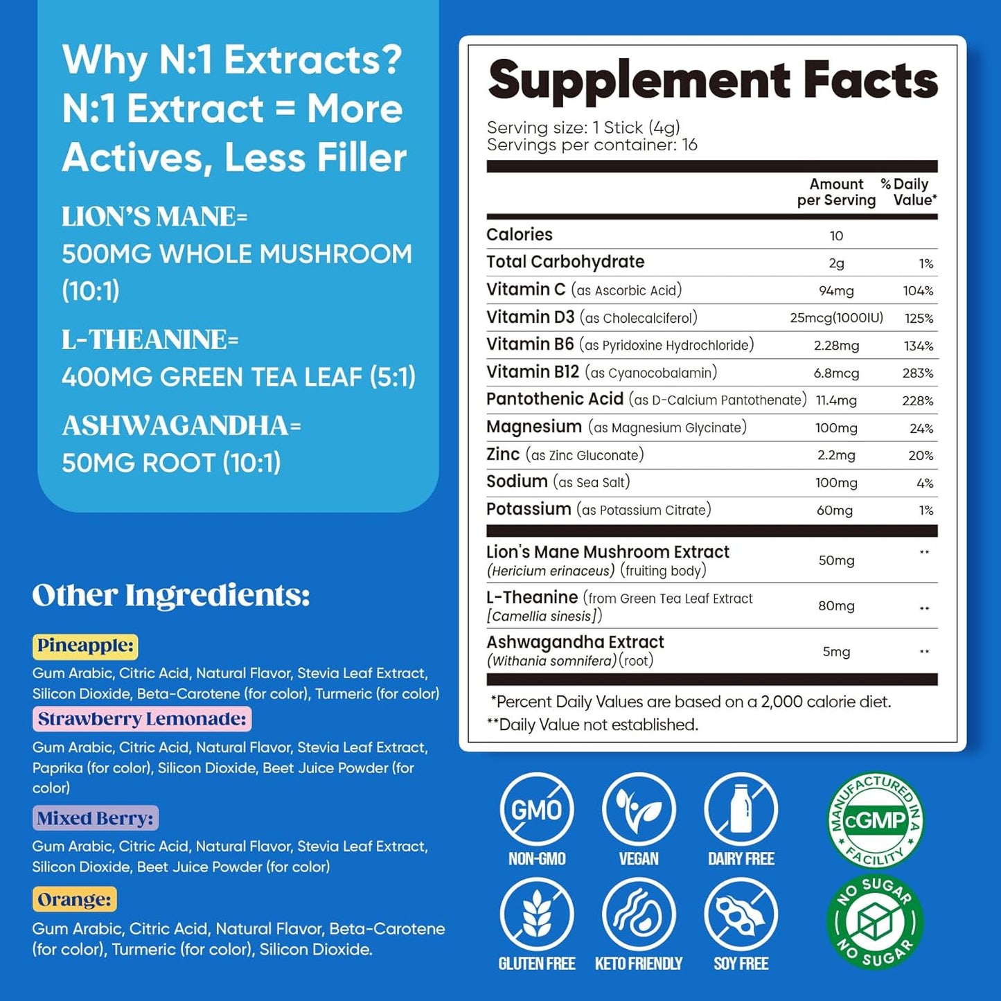 Venture Pal Calming Powdered Drink Mix, Magnesium Glycinate, Ashwagandha, L-Theanine,Vitamin D, Lions Mane, Sugar Free Magnesium Supplement Blend for Relax & Focus, Non GMO, Vegan, On The Go