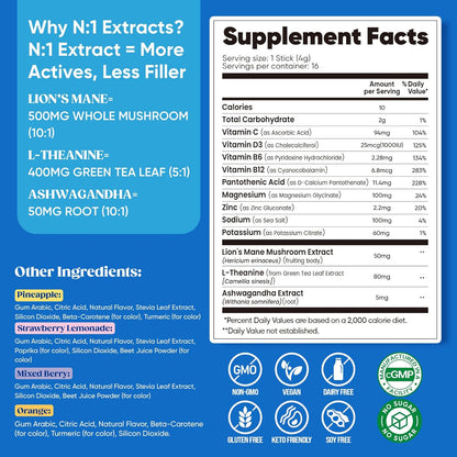 Venture Pal Calming Powdered Drink Mix, Magnesium Glycinate, Ashwagandha, L-Theanine,Vitamin D, Lions Mane, Sugar Free Magnesium Supplement Blend for Relax & Focus, Non GMO, Vegan, On The Go