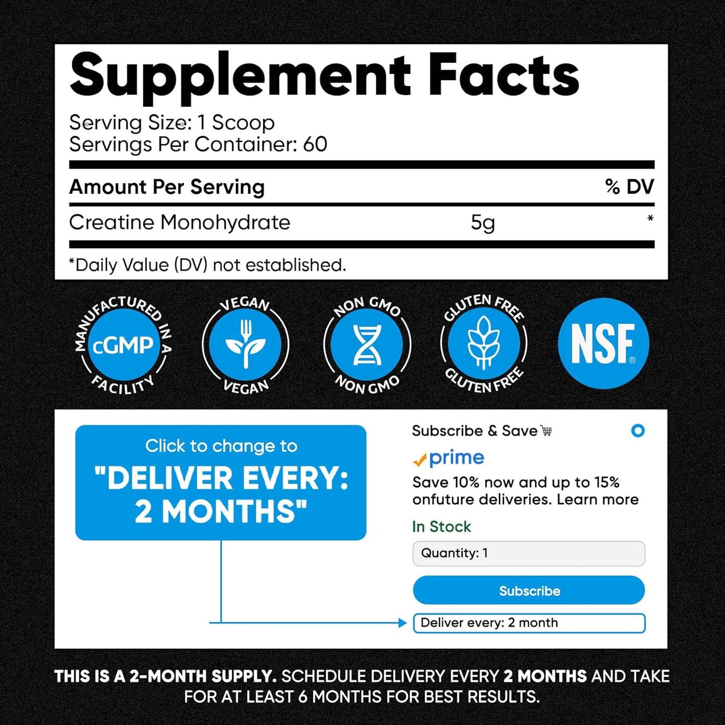 Venture Pal 100% Pure Micronized Creatine Monohydrate Powder, Unflavored Creatine for Women & Men, Vegan, Keto, Gluten Free, 5 g (5000mg)