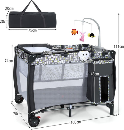 3 in 1 Baby Playard, Convertible Playpen Baby Bassinet w/ Changing Table, Grey