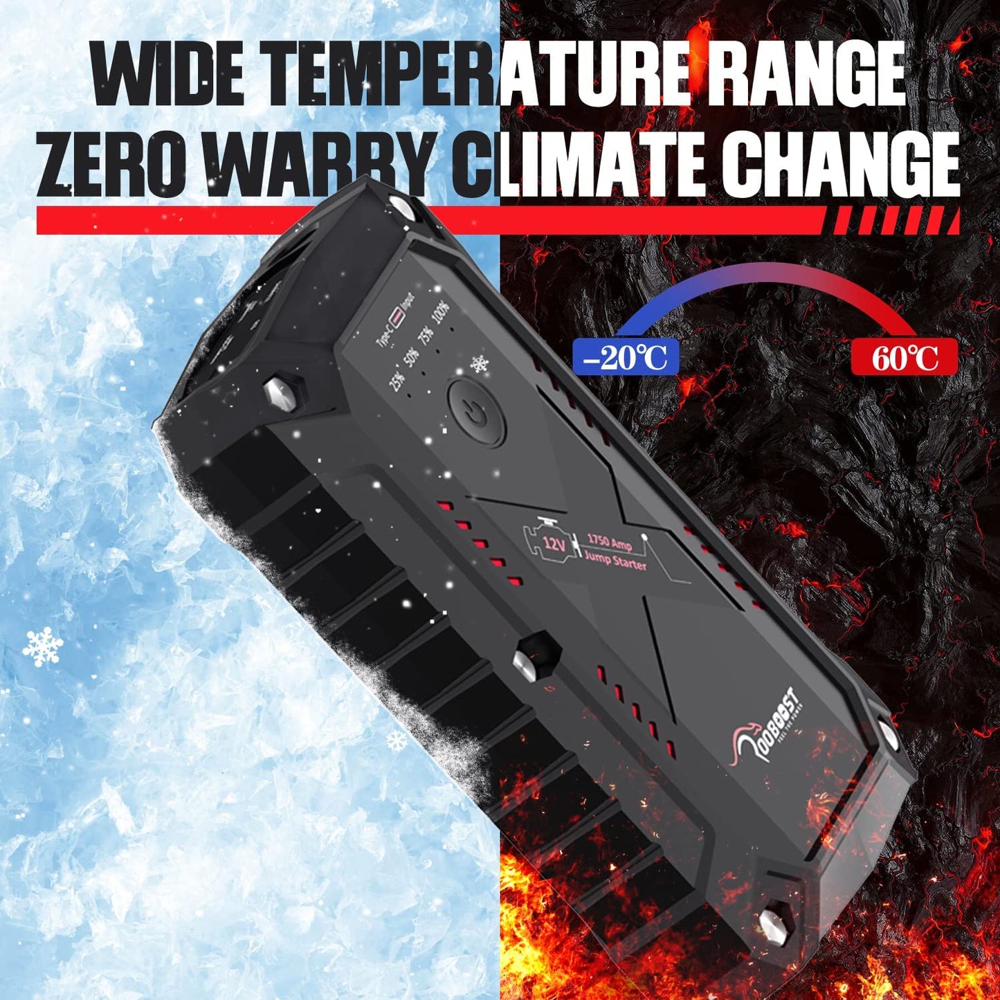 Waterproof Extreme Safe Car Jump Starter, 1750A Peak Current (Up to 9L Petrol or 7L Diesel)