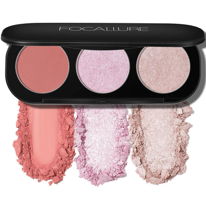 FOCALLURE Blush and Highlighter Palette,3 in 1 Makeup Powder Palette,Cruelty-Free Matte Blush,Shimmer Illuminator Highlighters for a Glowing Look