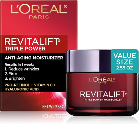 L'Oreal Paris Revitalift Triple Power Anti-Aging Face Moisturizer, Pro Retinol, Hyaluronic Acid & Vitamin C, Reduce Wrinkles 2.55 Oz