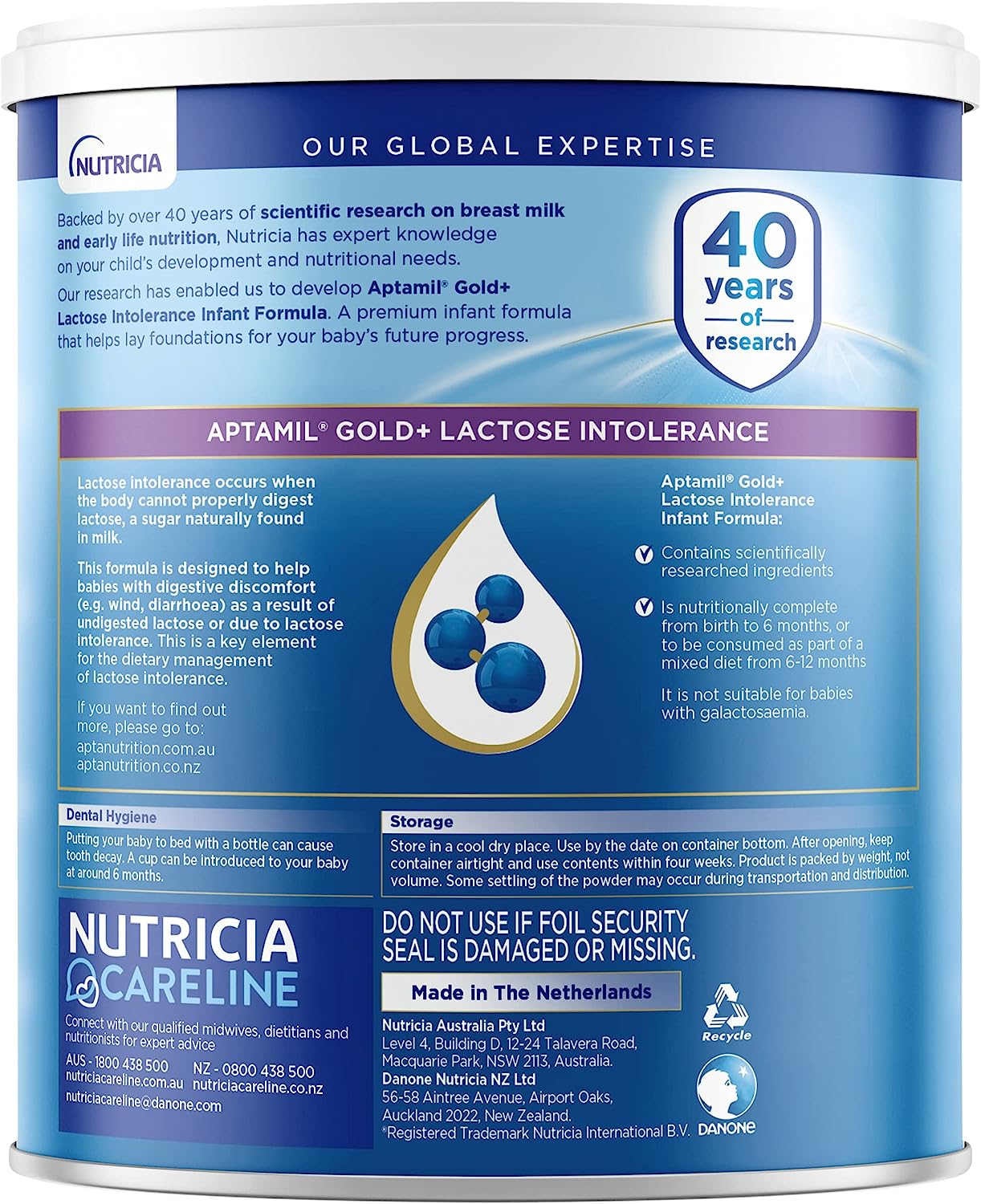 Aptamil Gold+ Lactose Intolerance Baby Infant Formula Lactose Free from Birth to 12 Months, 900 g