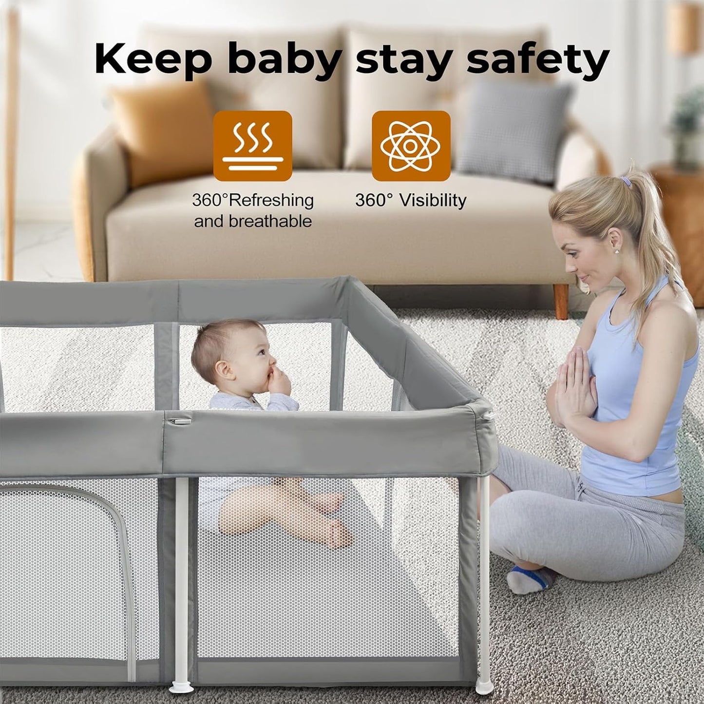 Bopeep Kids Playpen, Foldable Baby Fence, Toddler Play Yards for Indoor & Outdoor, Grey (120cm x 180cm x 65cm)