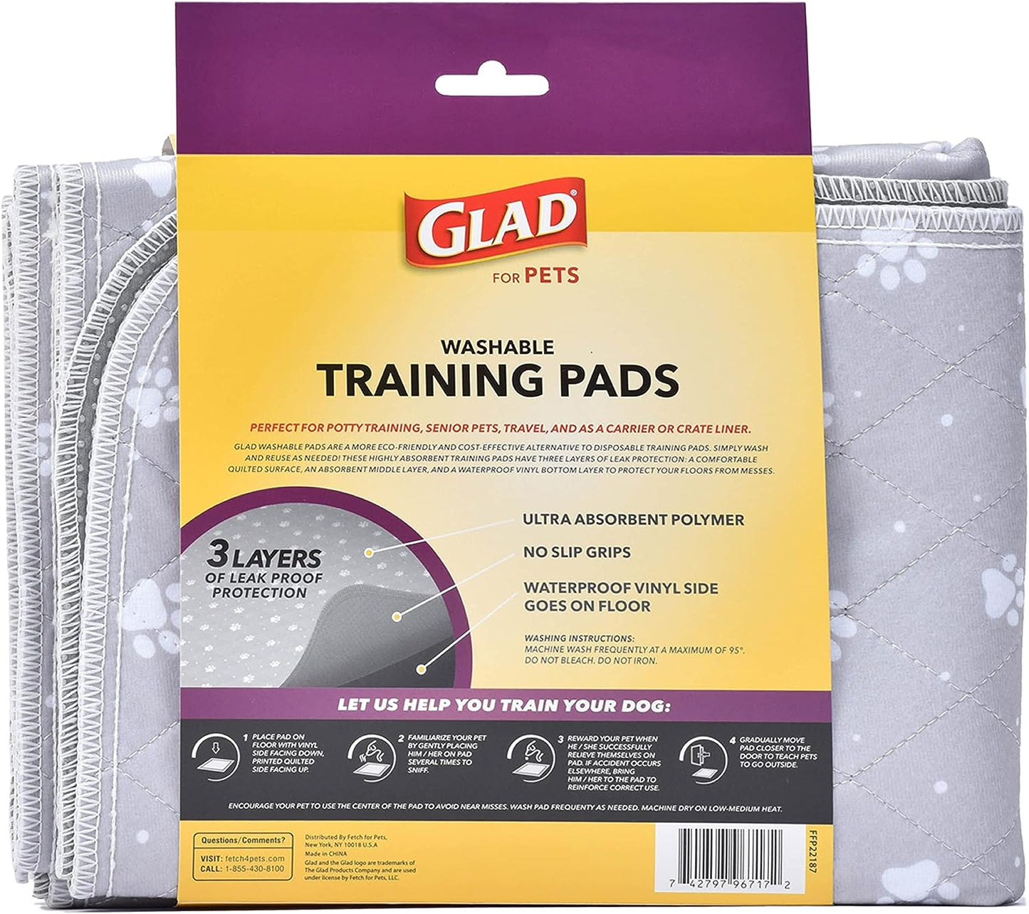 Glad for Pets Washable Training Pads, Medium Size (24”x36”), 2 Pack Gray with Paw Prints| Re-usable Cloth Dog Training Pads with 3 Layers of Leak Protection and No Slip Grip Vinyl Bottom