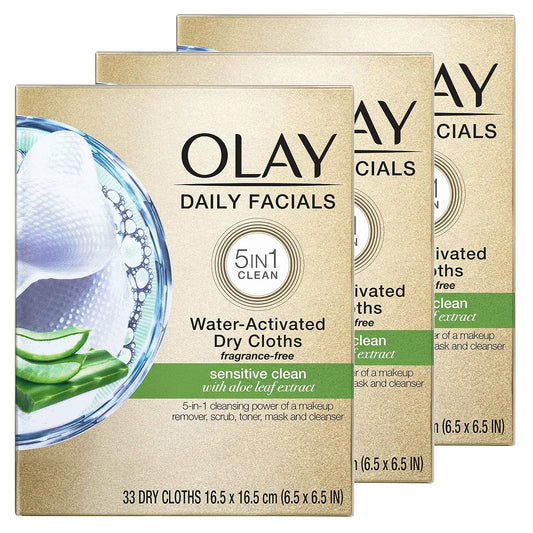 Olay Daily Facials for Clean Sensitive Skin, Makeup Remover Wipes, Soap-Free and Fragrance-Free Cleanser Cloths, 33 Count (Pack of 3)