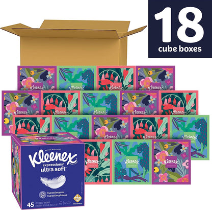 KLEENEX Expressions Ultra Soft Facial Tissues, Soft Facial Tissue, 18 Cube Boxes, 60 Tissues per Box, 3-Ply,1080 TISSUES