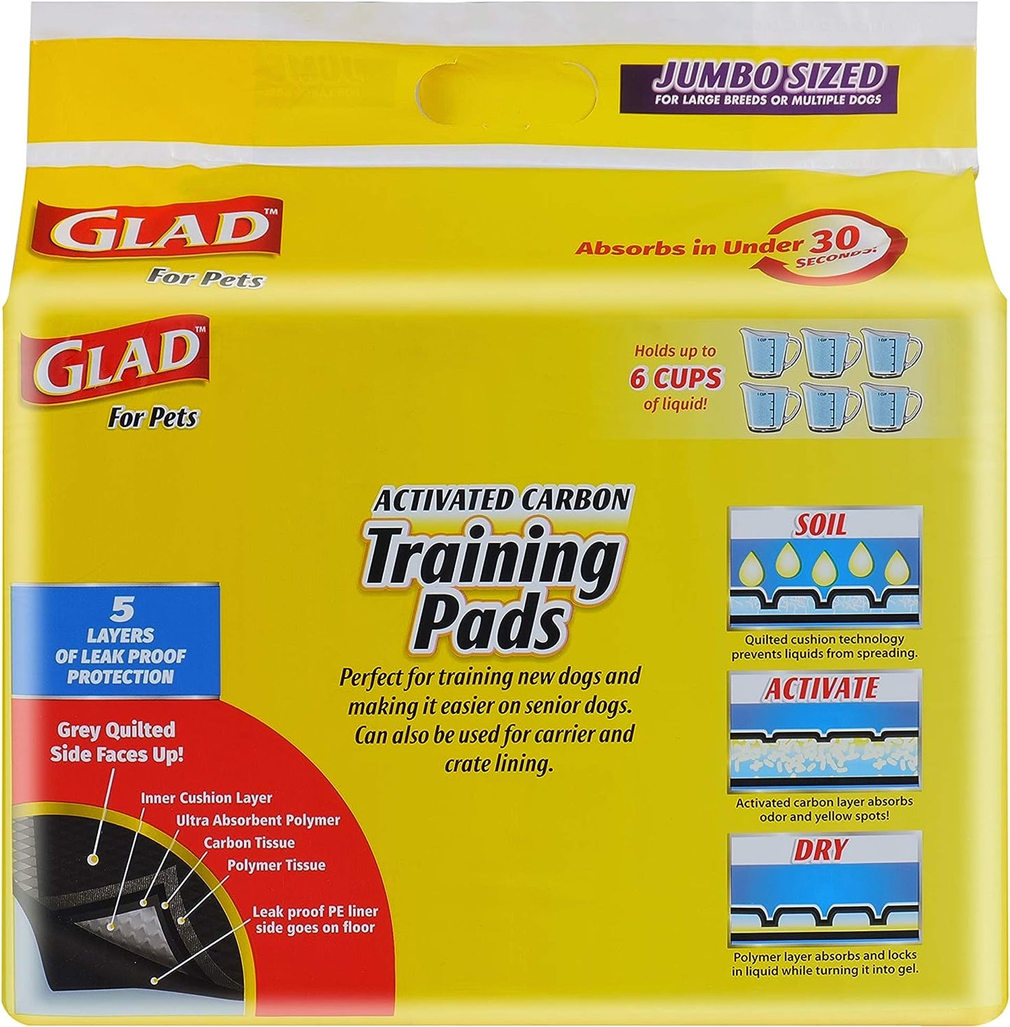 Glad for Pets JUMBO-SIZE Charcoal Puppy Pads | Black Training Pads That Absorb & Neutralize Urine Instantly | New & Improved Quality Dog Training Pads, 60 Count