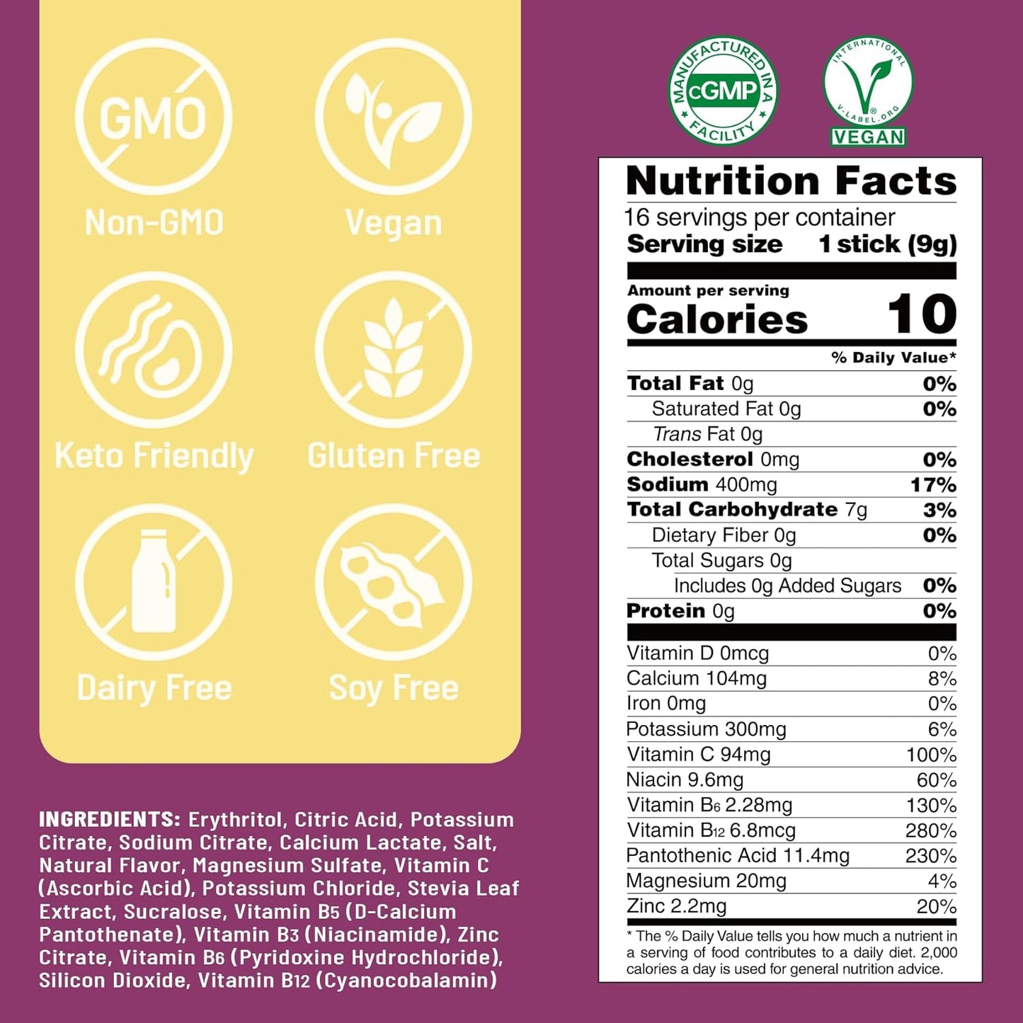 Venture Pal Sugar Free Electrolyte Powder Packets - Liquid Daily IV Drink Mix for Rapid Hydration & Party Recovery | 5 Vitamins & 7 Electrolytes| Keto Friendly | Non-GMO | Certified Vegan | 16 Sticks