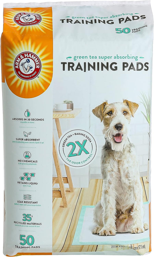 Arm & Hammer Green Tea Pet Training Pads | 50-Ct Dog Training Pads with Super Absorbing Green Tea Baking Soda for 2X The Odor Control | Leakproof & Recycled Training Pads for Dogs,White