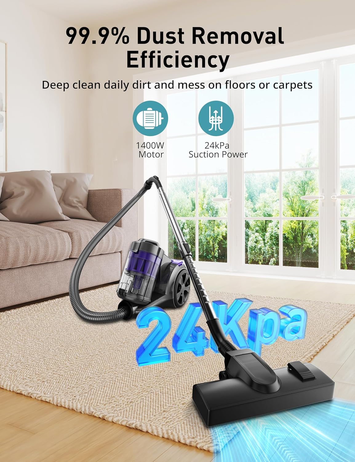 Canister Vacuum Cleaner, Aspiron 1400W Bagless Vacuum Cleaner, Multi-Cyclonic Filtration, 2 Anti-Allergen HEPA Filters, 3.5QT Dust Cup, 4 Tools, Corded Vacuum for Hard Floors, Carpets, Pet Hair