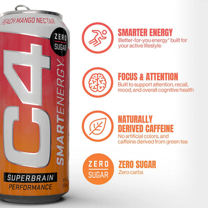 C4 Smart Energy Sugar Free Sparkling Energy Drink Peach Mango Nectar-473ml Pack of 12