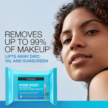 Hydro Boost Facial Cleansing Towelettes + Hyaluronic Acid, Hydrating Makeup Remover Face Wipes Remove Dirt & Waterproof Makeup, Hypoallergenic, 100% Plant-Based Cloth, 2 x 25 ct
