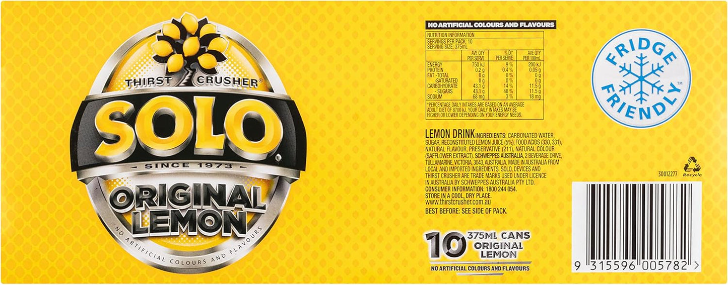Solo Lemon Soft Drink Can, 10 x 375ml