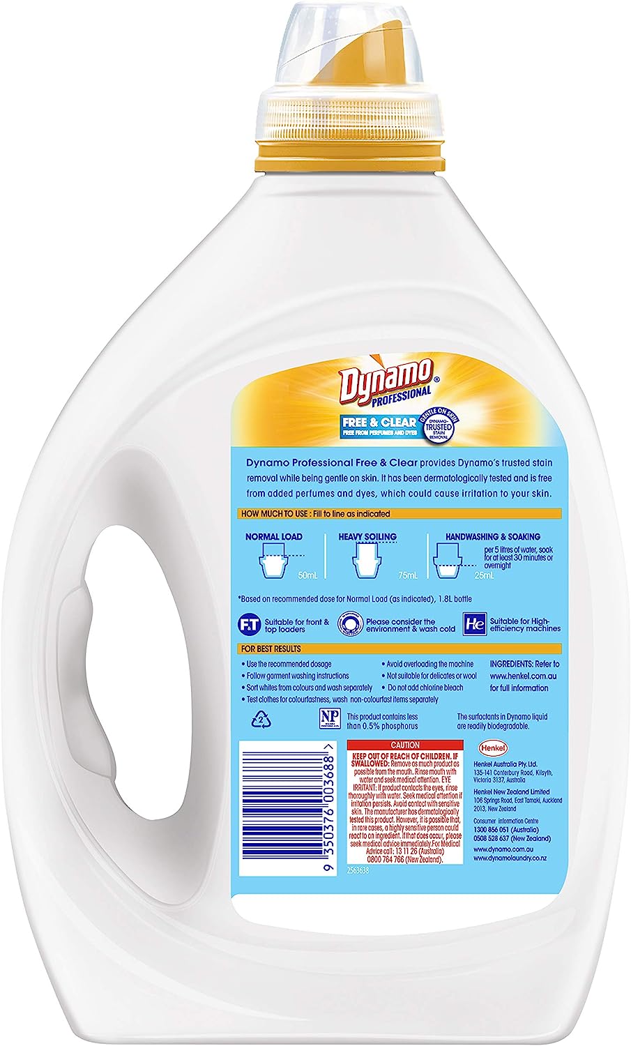 Dynamo Professional Free and Clear, Liquid Laundry Detergent, 1.8 Ltrs