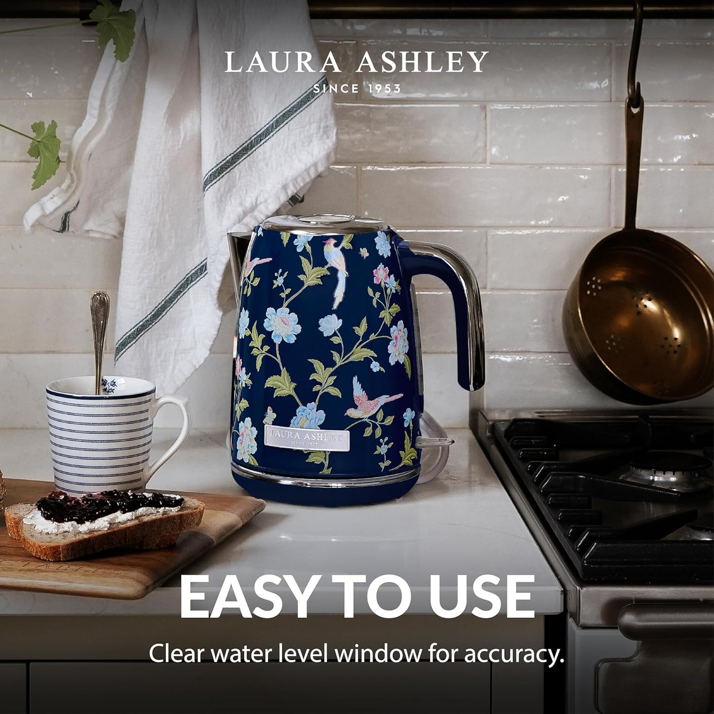 Laura Ashley Elveden Navy 1.7 Litre Stainless Steel Electric Kettle - 3KW Kettles Electric Fast Boil Quiet - Cordless Kettle with 360 Degree Power Base