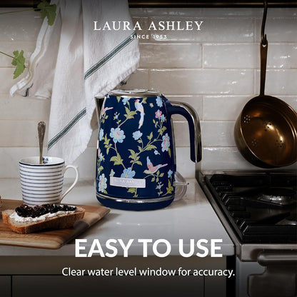 Laura Ashley Elveden Navy 1.7 Litre Stainless Steel Electric Kettle - 3KW Kettles Electric Fast Boil Quiet - Cordless Kettle with 360 Degree Power Base