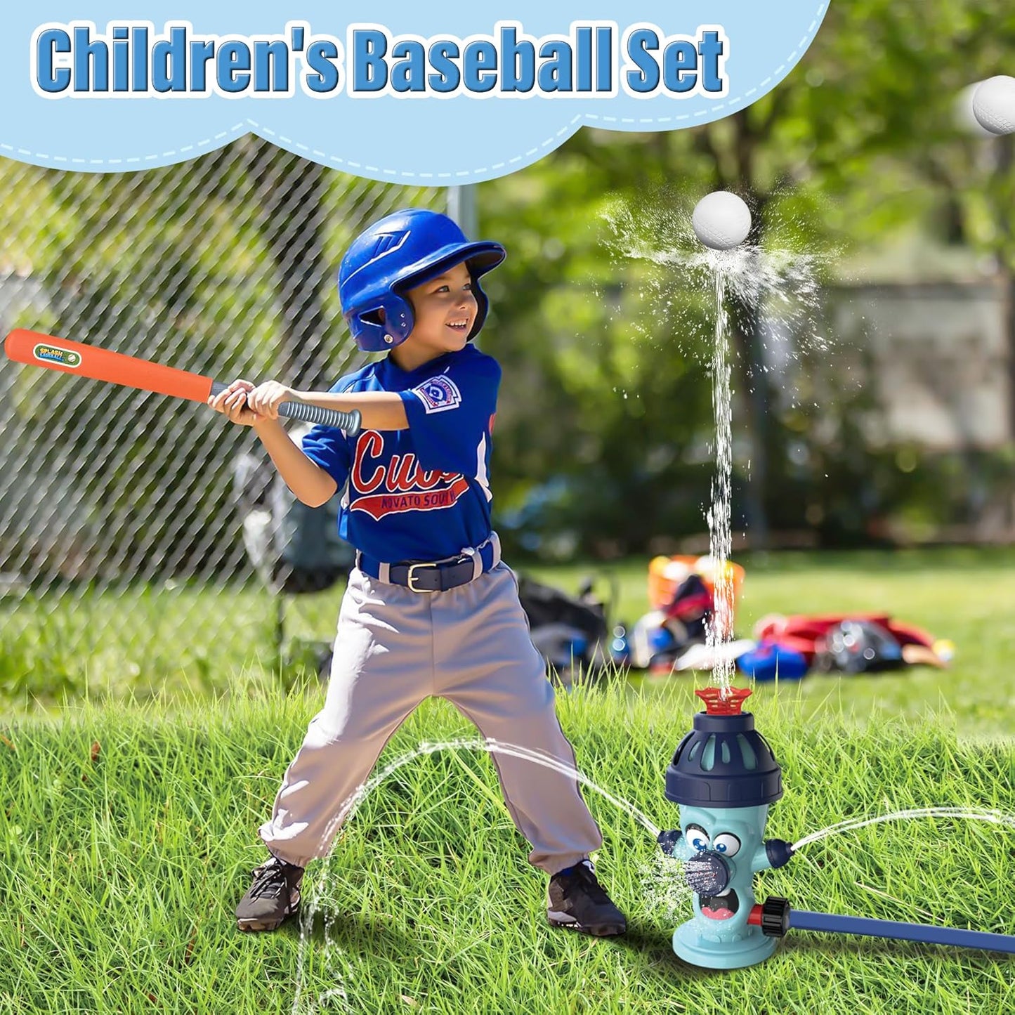 Cute Fire Sprinkler Water Toys for Kids with Baseball Game Set,Summer Outdoor Kids Play Equipment with 2 Balls, Kids Sprinklers for Yard,Water Spray Sprinkler for Kids Boys & Girls Age 3+ Years (A)