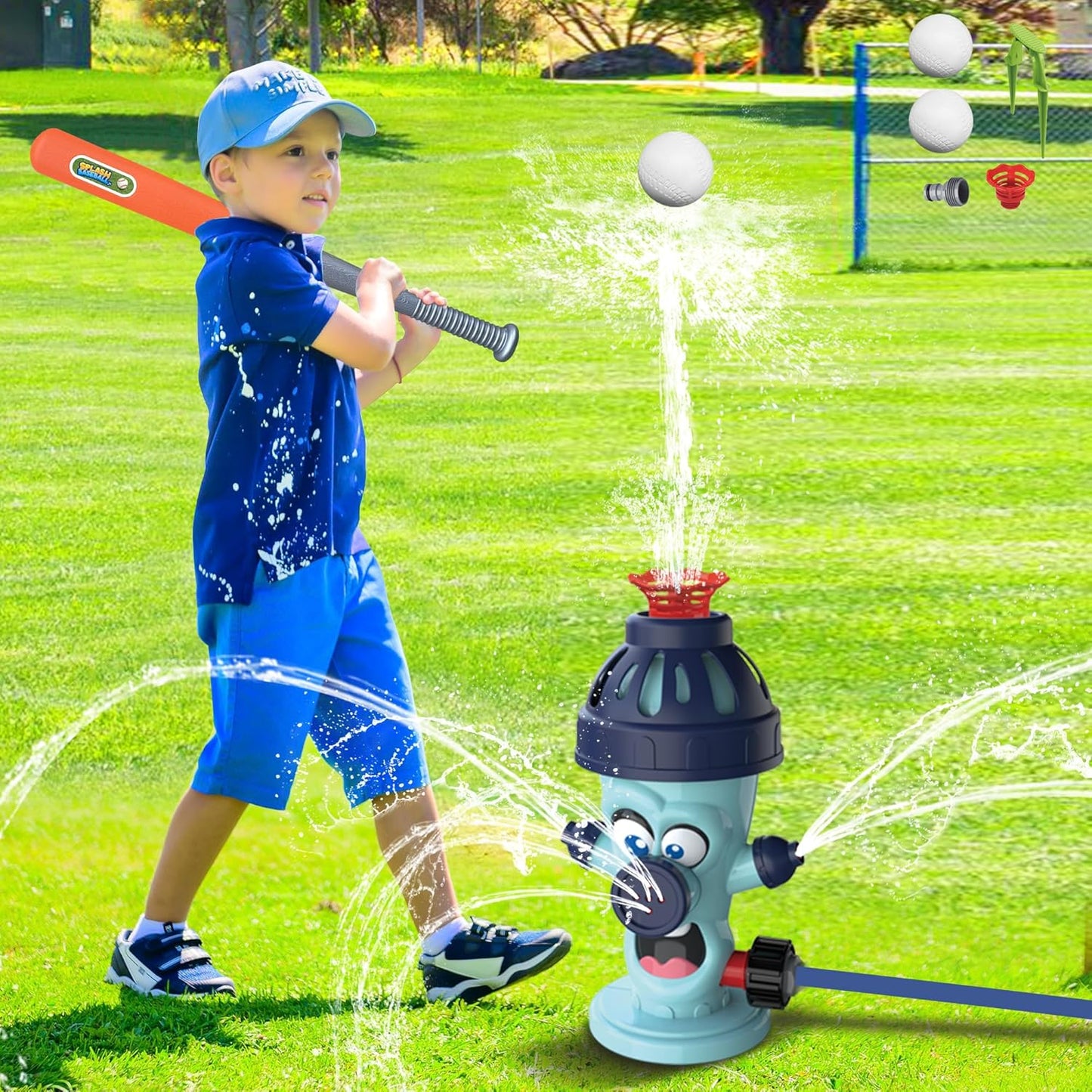 Cute Fire Sprinkler Water Toys for Kids with Baseball Game Set,Summer Outdoor Kids Play Equipment with 2 Balls, Kids Sprinklers for Yard,Water Spray Sprinkler for Kids Boys & Girls Age 3+ Years (A)