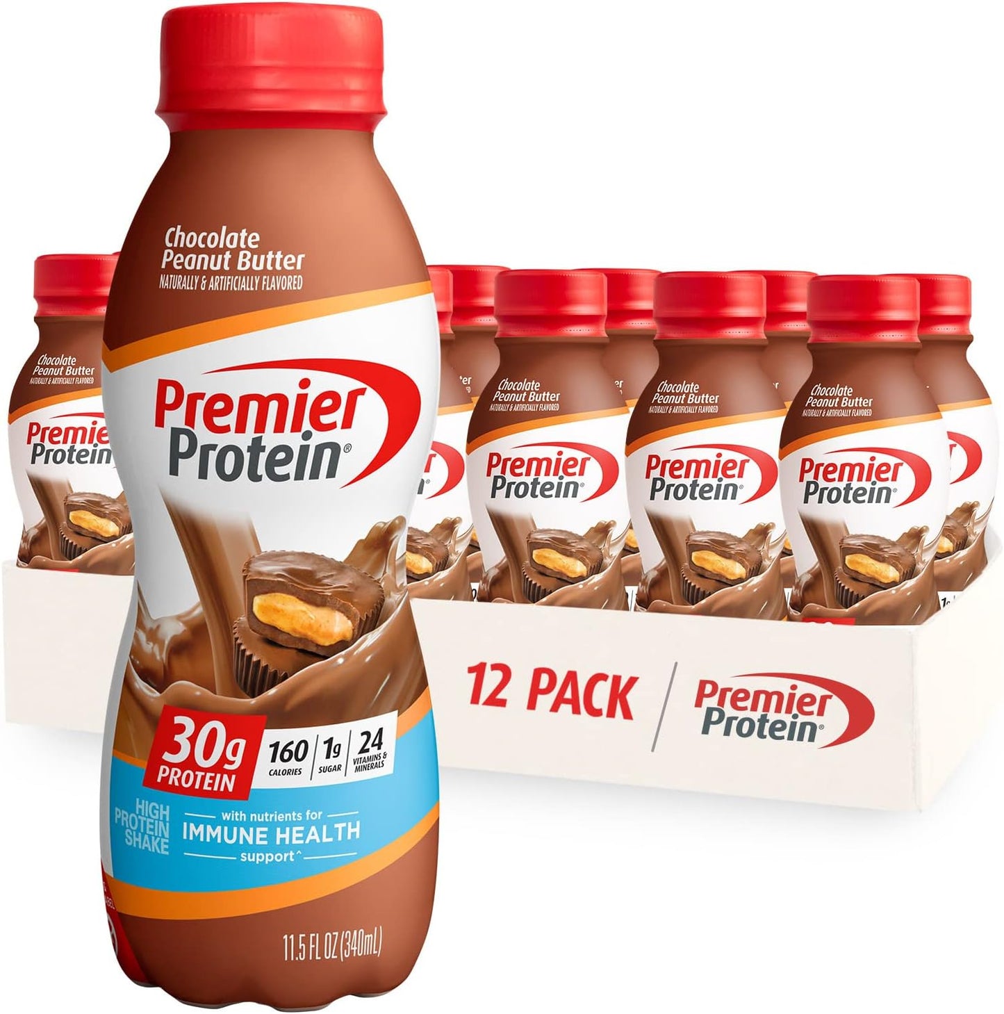 Premier Protein Shake, Chocolate Peanut Butter, 30g Protein, 1g Sugar, 24 Vitamins & Minerals, Nutrients to Support Immune Health, 11.5 Fl Oz, 12 Count