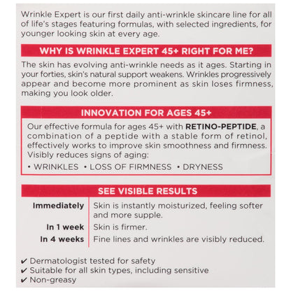 L'Oreal Paris Wrinkle Expert 45+ Anti-Aging Face Moisturizer with Retino-Peptide, Non-Greasy, Suitable for Sensitive Skin, 1.7 fl. Oz