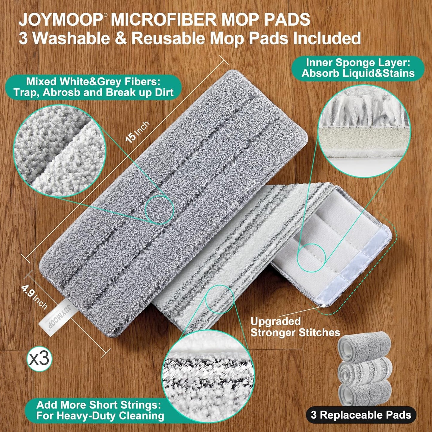 JOYMOOP Mop and Bucket Set with Wringer, Dust Mops for Floor Cleaning, Wall Cleaner with Long Handle, Microfiber Mop - Green Bucket with 3 Reusable 15" Microfiber Pads