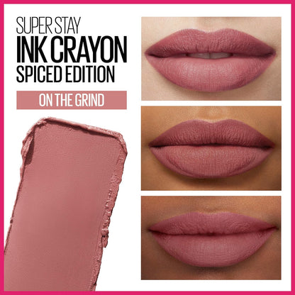 Maybelline Super Stay Ink Crayon Lipstick Makeup, Precision Tip Matte Lip Crayon with Built-in Sharpener, Longwear Up To 8Hrs, On The Grind, Purple Mauve Pink