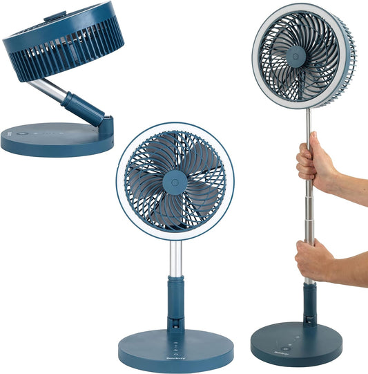 Beldray EH3413B Cooling Fan, Cordless Folding 3 In 1 Cooler, USB Rechargeable Desk/Pedestal/Wall Fan, For Home, Office, Bedroom, Adjustable Standing Room Fan, LED Ring Light, 3 Speed Settings, Blue