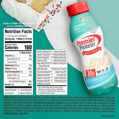 Premier Protein Shake, Cake Batter Delight, 30 g Protein, 1 g Sugar, 24 Vitamins & Minerals, Nutrients to Support Immune Health, Cream, 11.5 Fl Oz, Pack of 12, 340 ml (Pack of 12)